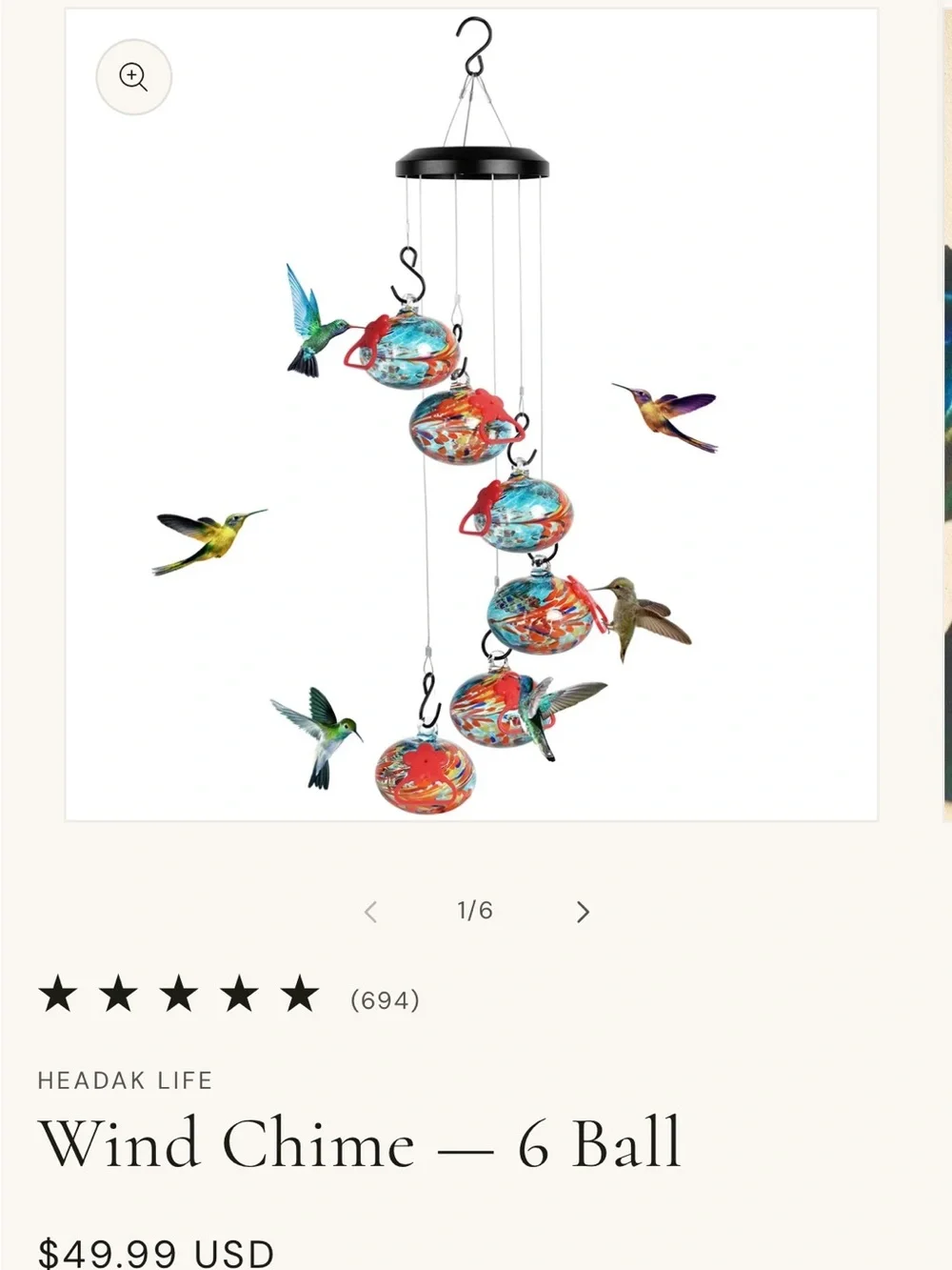 Multicolor Hanging 6-Ball Hummingbird Wind Chime